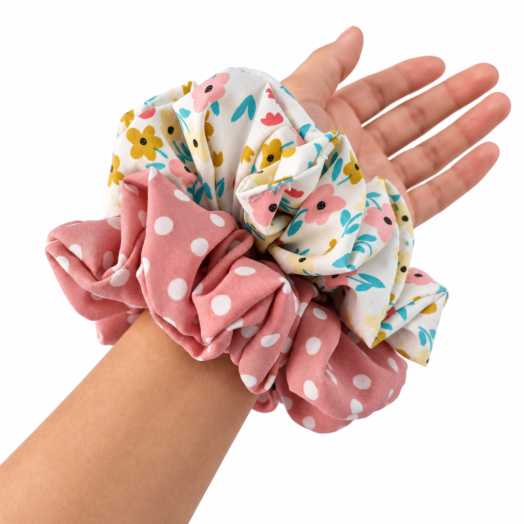 Floral and polka-dot scrunchies worn on a wrist, pure white background